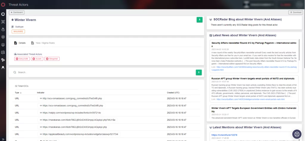 Winter Vivern threat actor profile on SOCRadar