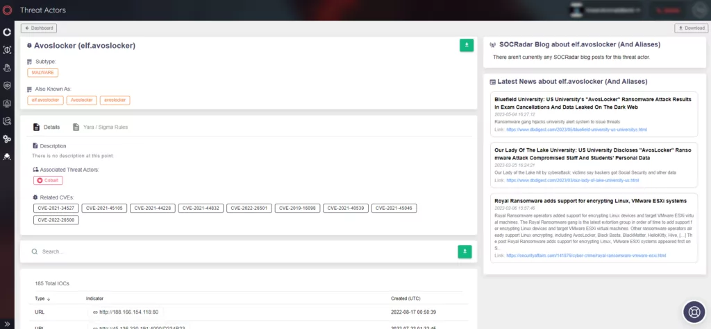 Threat actor page of AvosLocker on the SOCRadar Platform