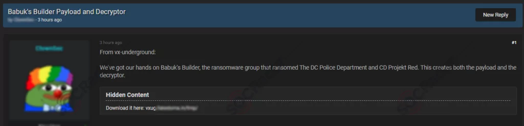 Babuk ransomware builder payload and decryptor leak shared in a hacker forum.