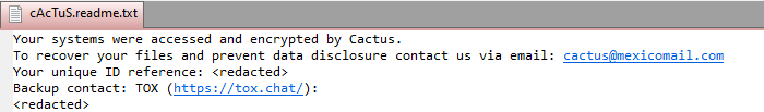 Cactus Ransomware Note