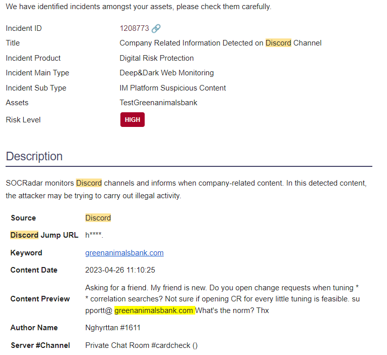 Example SOCRadar alert on data leaked via Discord.