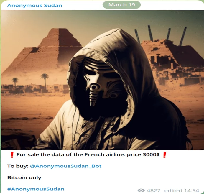 Data sale post on Anonymous Sudan Telegram channel