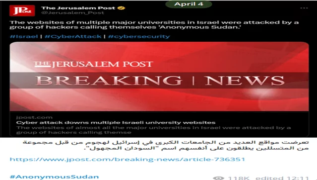 The Jerusalem Post's tweet about the attacks on Israeli universities