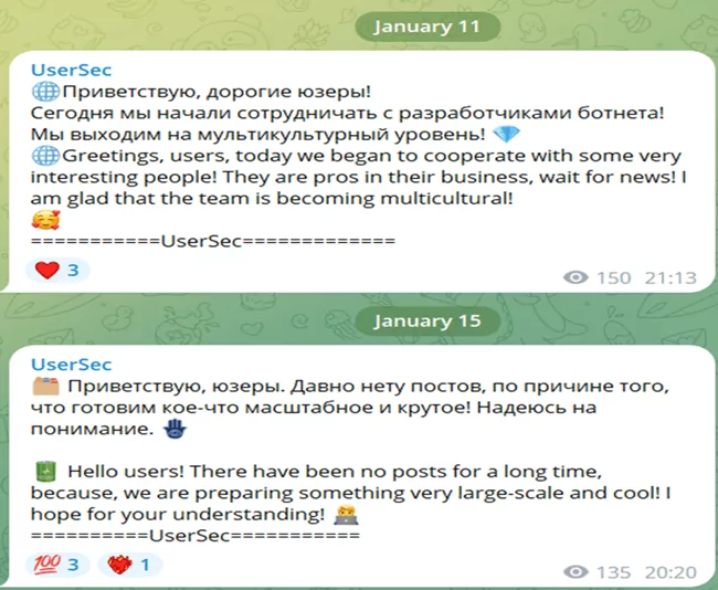 UserSec's post on their Telegram channel