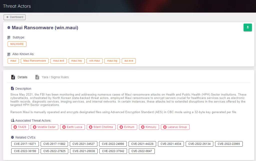Maui Ransomware Threat Actor page on SOCRadar