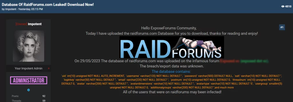 The Exposed Forum admin leaks the RaidForums database.