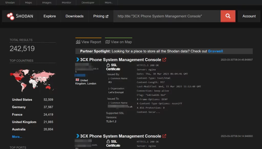 Shodan's result of the number of publicly exposed 3CX systems (Source: SOCRadar), supply chain