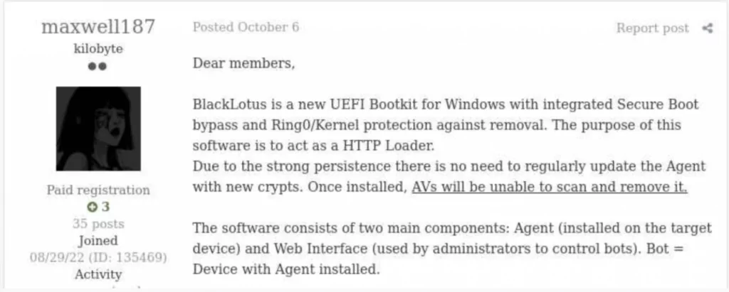 Threat actor promoting BlackLotus bootkit on a hacking forum 