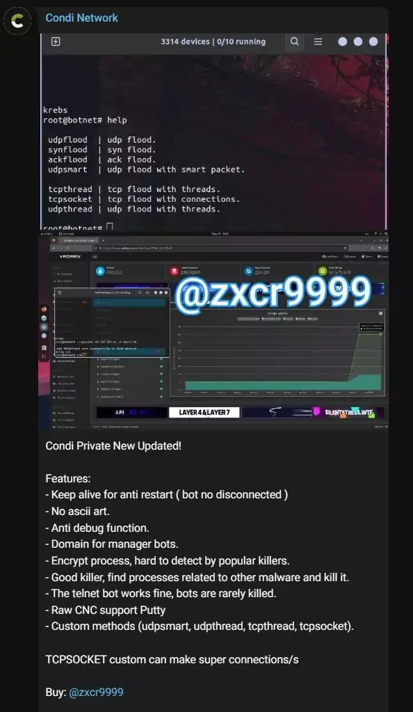 Threat actor advertises Condi DDoS malware on Telegram
