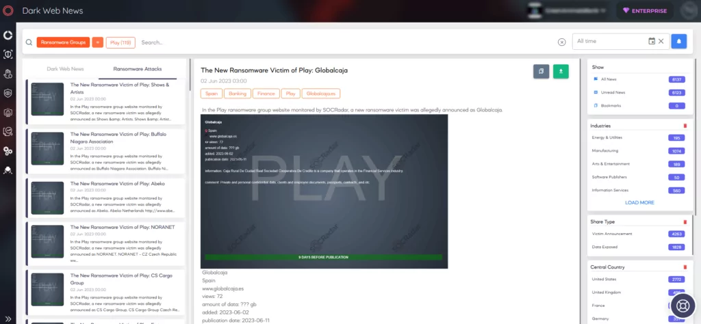 Latest updates regarding Play Ransomware (Source: SOCRadar Dark Web News) 