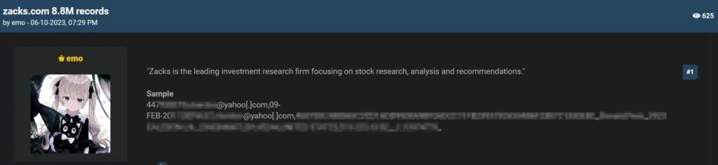 Threat actor leaks Zacks database containing 8.8 million records.