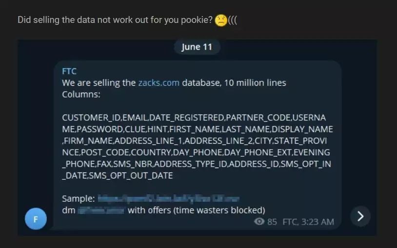 The threat actor puts Zacks database on sale with a Telegram message.