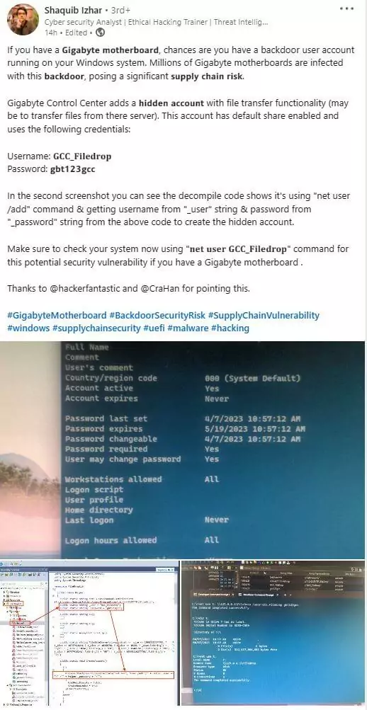 An analyst posted about the security risk in Gigabyte firmware