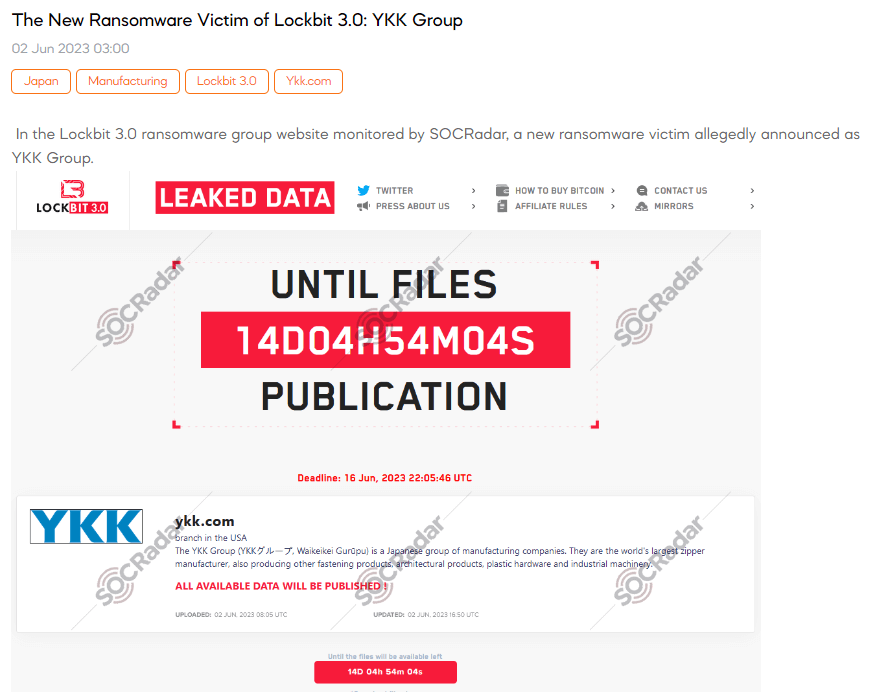 LockBit Claims YKK Ransomware Attack, Sets 14 Day Deadline