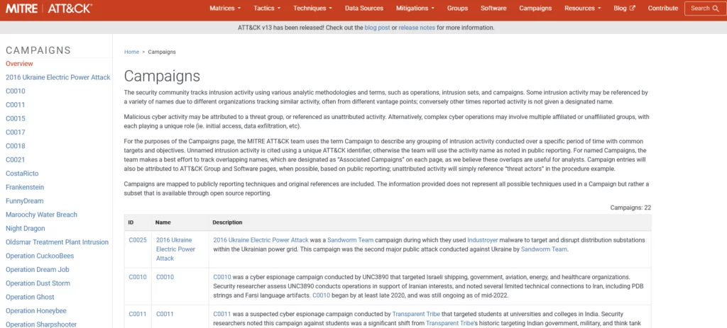 Página de la campaña del sitio web de MITRE ATT&CK