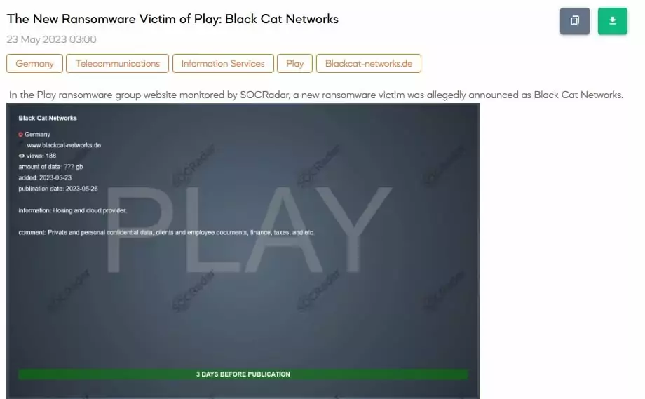 Play Ransomware claims to have hacked cloud provider Black Cat Networks (Source: SOCRadar Dark Web News)