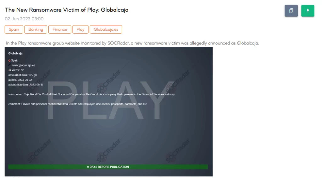 Play Ransomware announces Globalcaja as a new victim (Source: SOCRadar Dark Web News) 