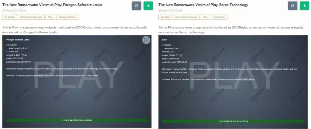 Play Ransomware lists Paragon Software Lanka and Soroc Technology as victims (Source: SOCRadar Dark Web News)