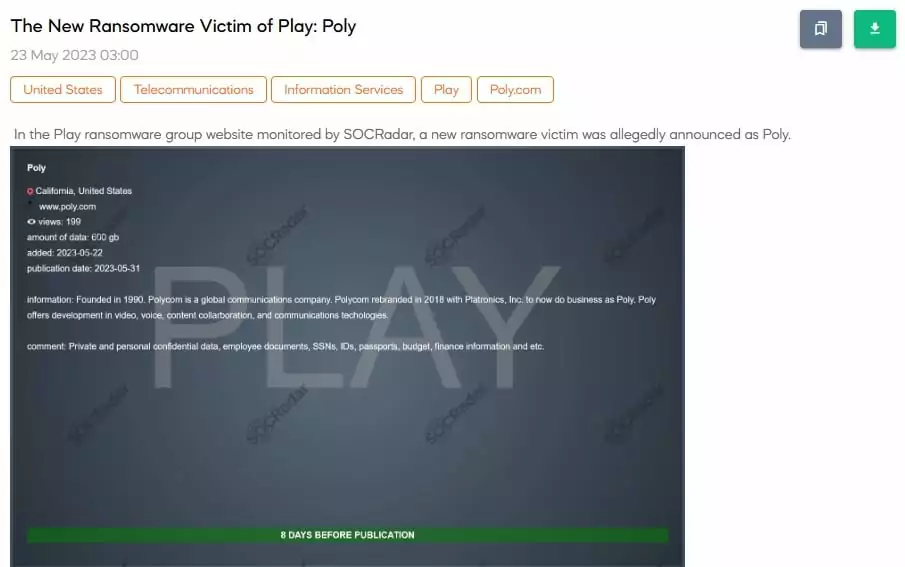 Play Ransomware lists Polycom as a victim (Source: SOCRadar Dark Web News)