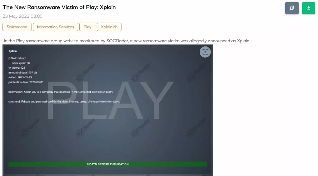 Play Ransomware announces Xplain as a new victim (Source: SOCRadar Dark Web News) 