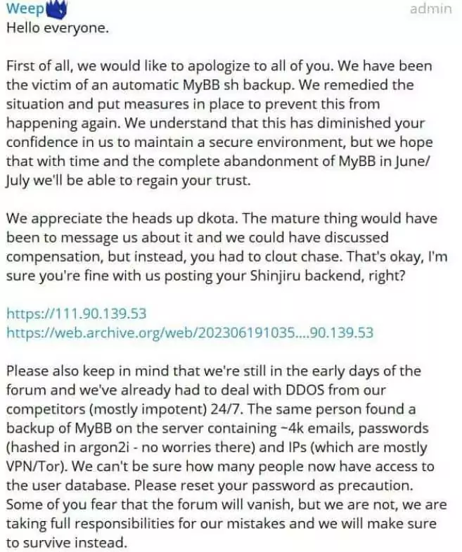 BreachForums admin Weep’s Telegram message (Source: Hackread)