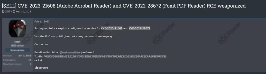 Figure 8: Adobe vulnerability CVE-2023-21608 and CVE-2022-28672 sale on the dark web (SOCRadar), cwe