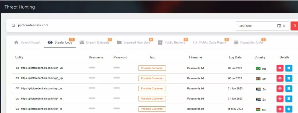 SOCRadar XTI Threat Hunting Module: ‘pilotcredentials[.]com’ search output