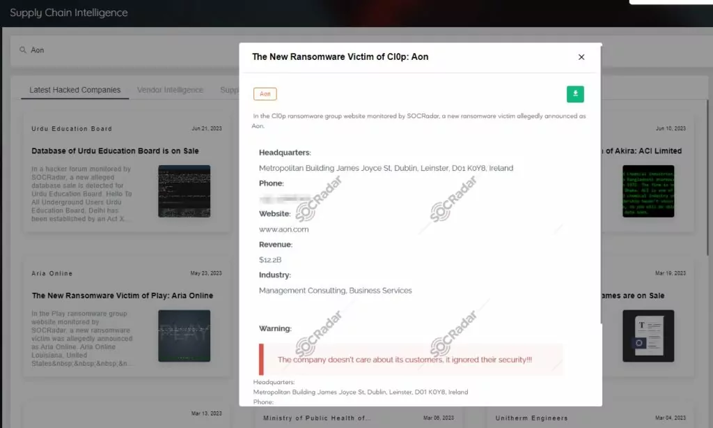 SOCRadar XTI Supply Chain Intelligence Module: ‘Aon’ details