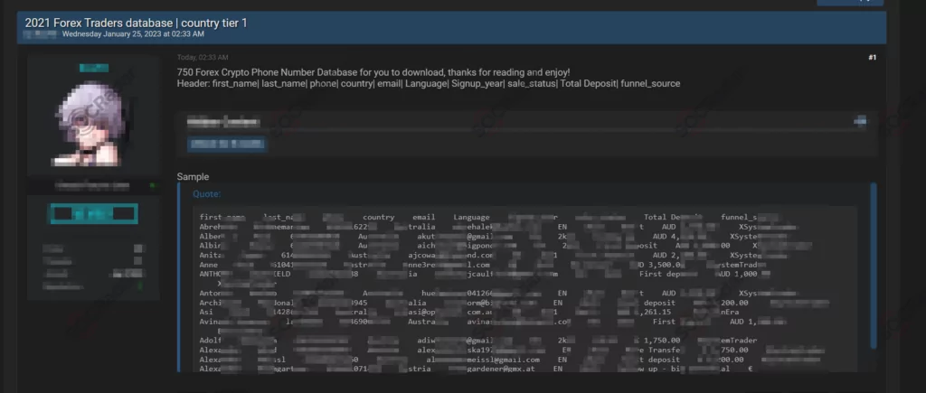 Alleged database leak for Australian Forex traders.