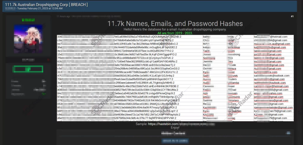 Alleged database leak for an Australian Dropshipping company on a hacker forum.