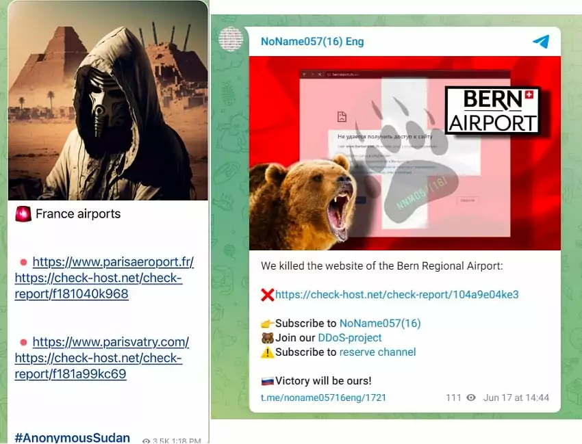 Telegram posts about aviation attacks