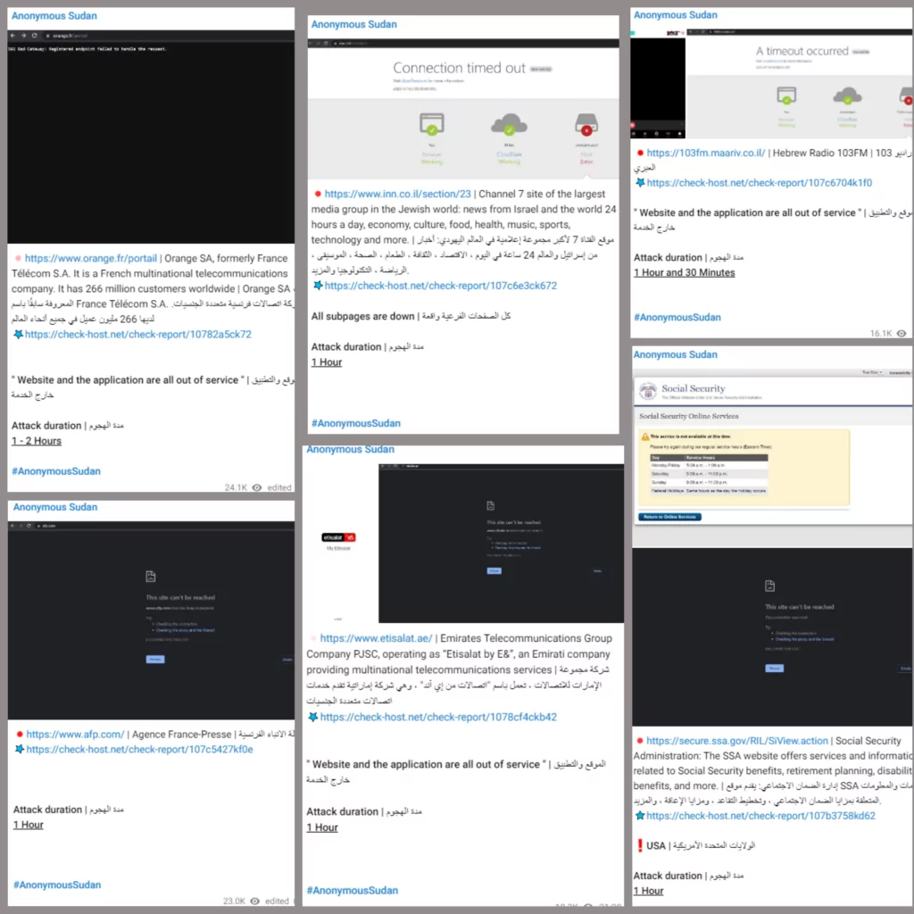 Cyber attack announcements on Anonymous Sudan’s Telegram channel. 