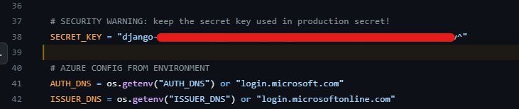 Azure Django Web Service’s secret_key was exposed, github