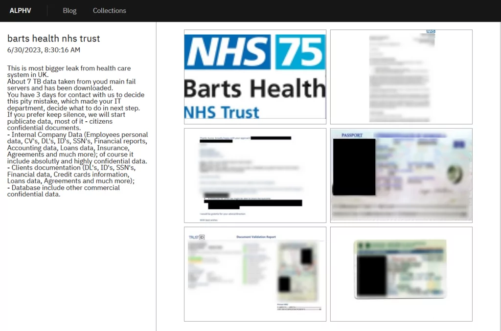 NHS Trust's announcement page on BlackCat's leak site.