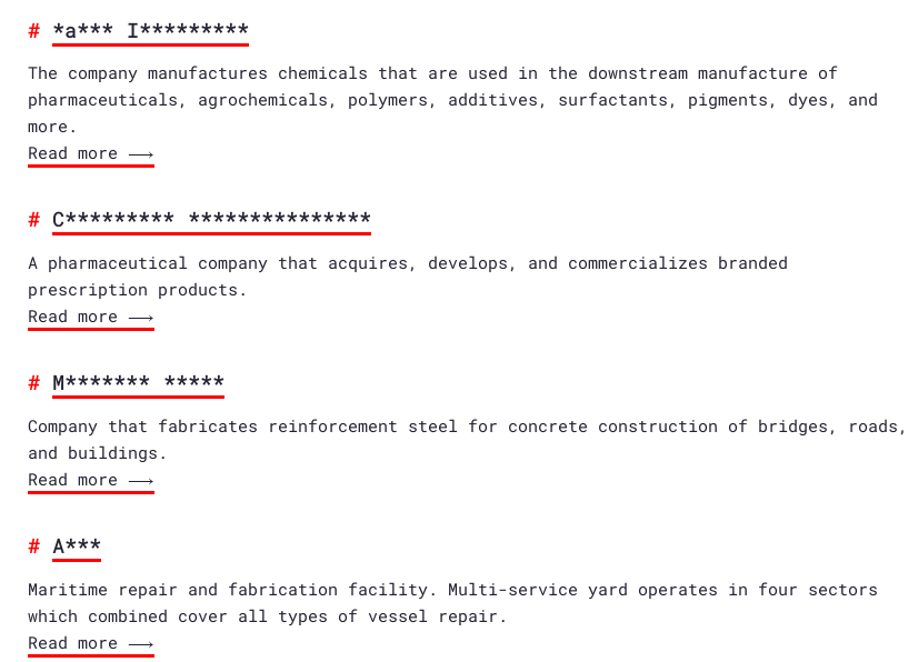 Fig. 24. Some of the unknown victim announcements of BianLian which has their name covered using asterisk symbols