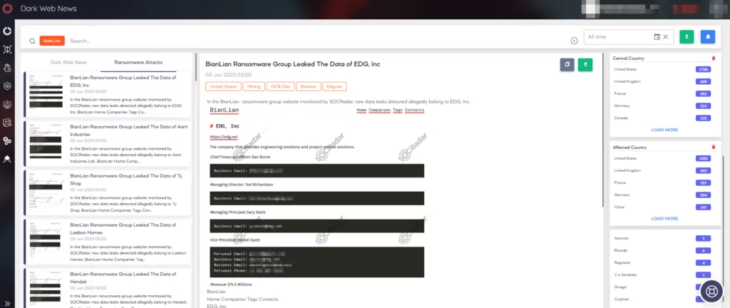 Fig. 26. Ransomware News in CTI Module of SOCRadar XTI, BianLian