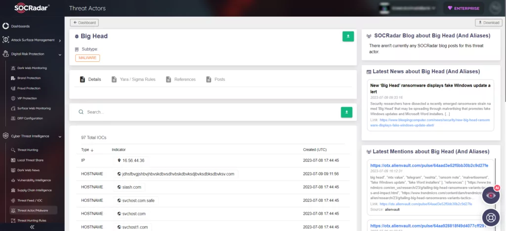 Big Head Ransomware on the SOCRadar platform
