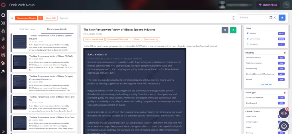SOCRadar's Ransomware News heading under the Dark Web Page of CTI Module