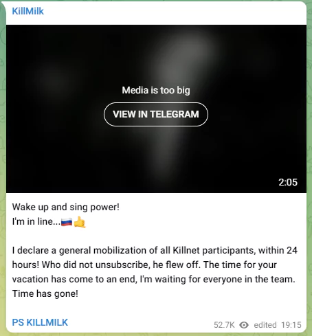 KillMilk Telegram message warns of an upcoming attack in 24 hours.
