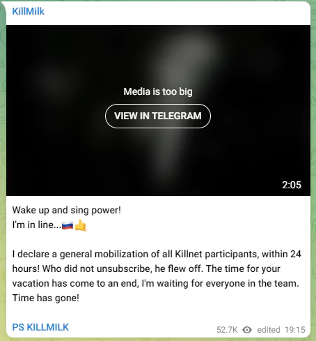 KillMilk Telegram message warns of an upcoming attack in 24 hours.