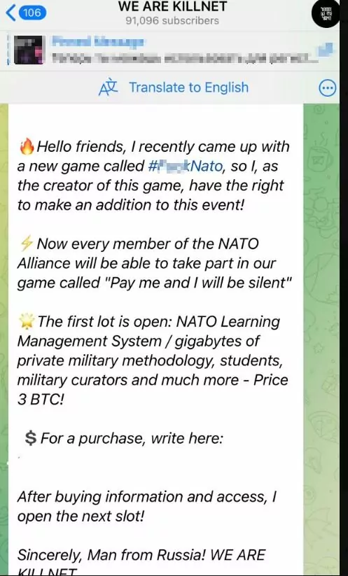 KillNet telegram post about NATO leak