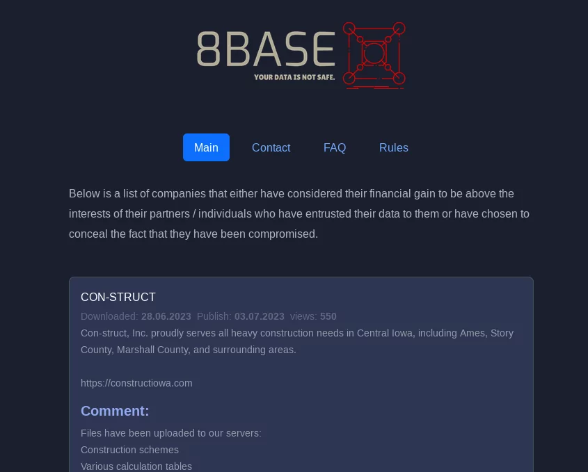 The main page of 8Base Ransomware’s Tor site