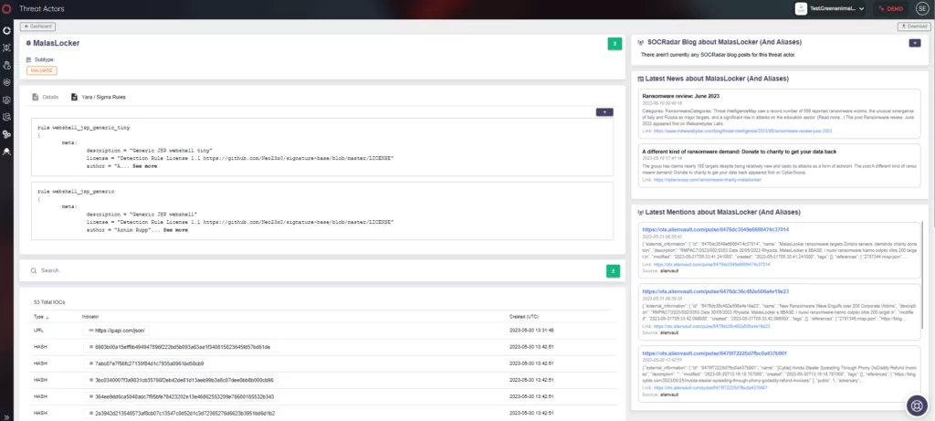 MalasLocker's Threat Actor/Malware page under the SOCRadar XTI