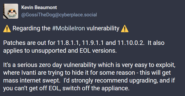 About the Ivanti EPMM (MobileIron) vulnerability 
