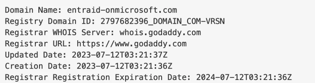 A newly registered, phishing candidate domain: entraid-onmicrosoft[.]com
