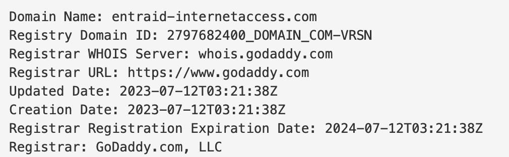 A newly registered, phishing candidate domain: entraid-internetaccess[.]com, Entra ID