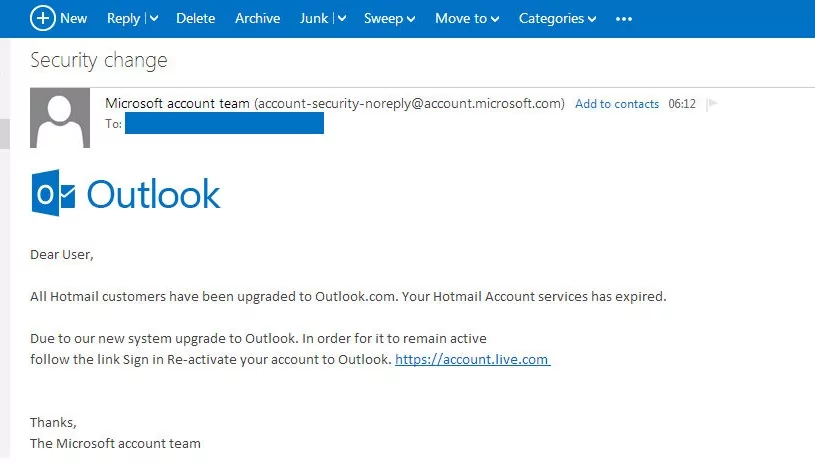 A phishing email sample sent in 2014 after transitioning from Hotmail to Outlook. Attackers are always in the picture. (Source: Softpedia), Entra ID
