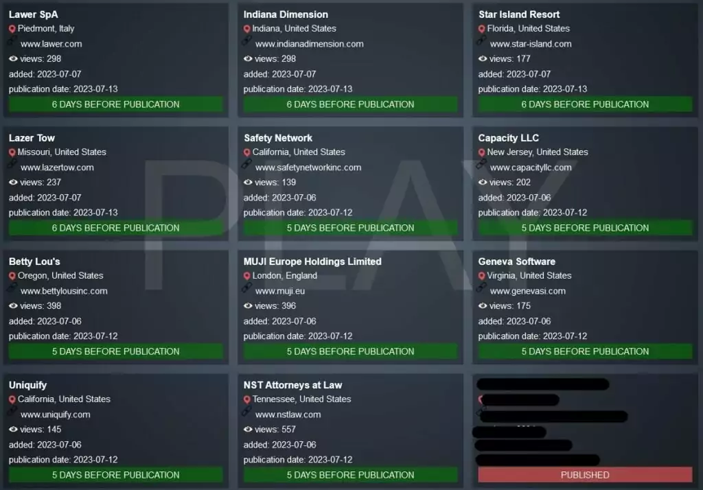 Play Ransomware's Victim Listing