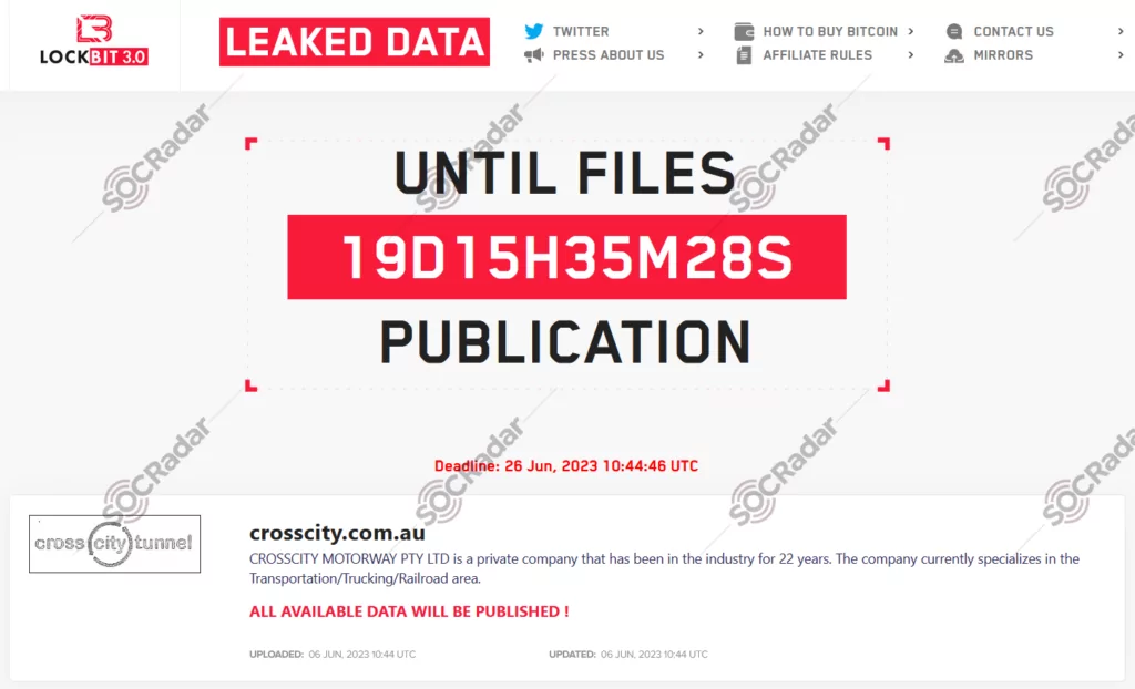  Lockbit 3.0 new ransomware victim: Crosscity Motorway, Australian