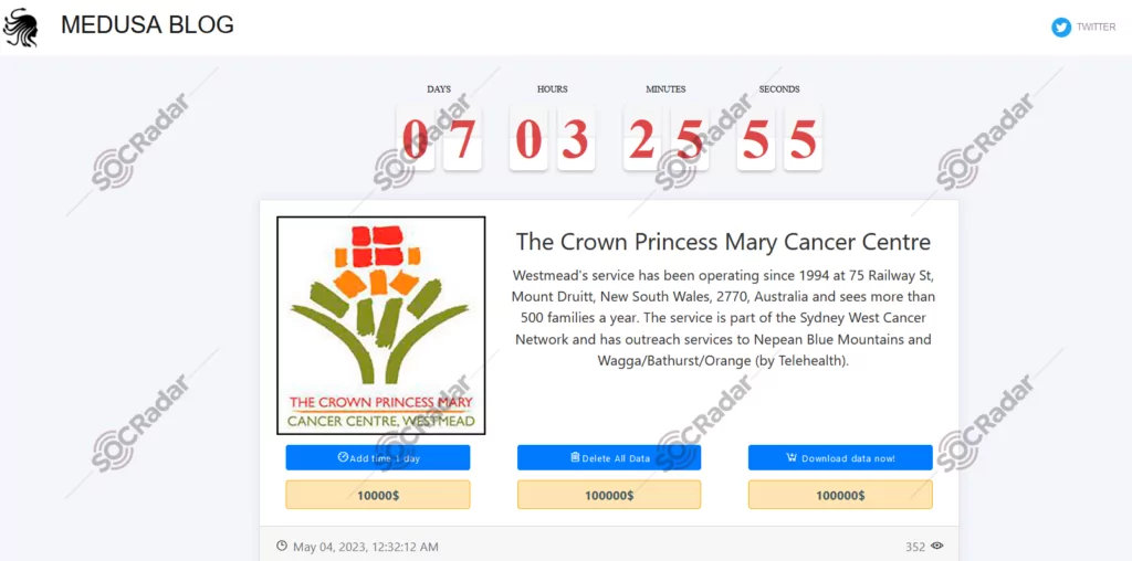 Medusa Team's new ransomware victim: Crown Princess Mary Cancer Centre, Australian